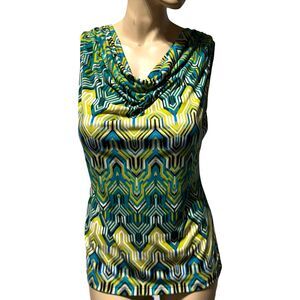 Calvin Klein Top Green Print Blouse Weighted Cowl Neck S M ? CHECK MEASUREMENTS
